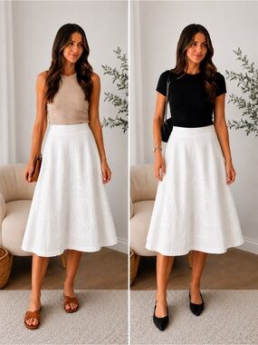 Talbots White A-Line Midi Skirt with Circle Stitch Detail